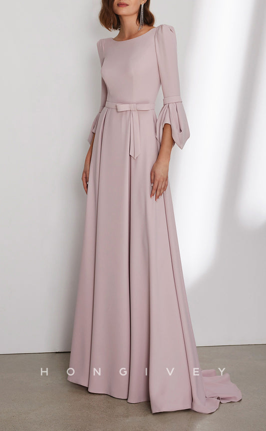 HM310 - Chiffon A-Line Scoop 3/4 Sleeves Belt With Train Cocktail Dress