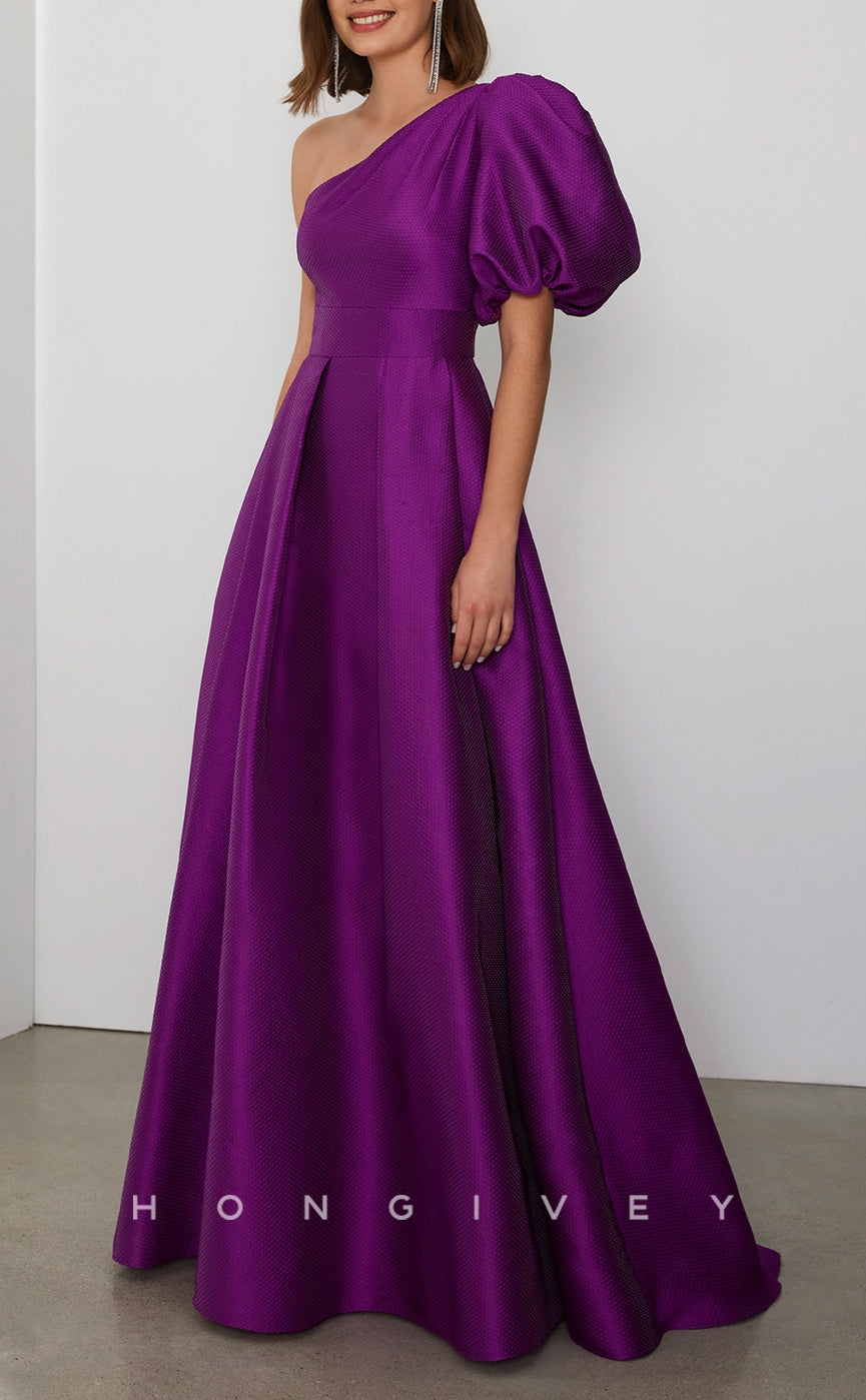 HM280 - A-Line One Shoulder Puff Sleeves Empire Satin Cocktail Evening Dress