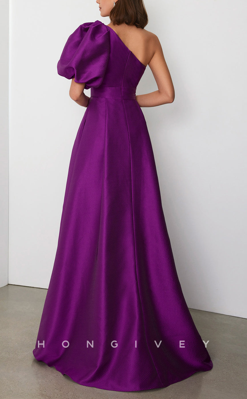 HM280 - A-Line One Shoulder Puff Sleeves Empire Satin Cocktail Evening Dress