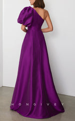 HM280 - A-Line One Shoulder Puff Sleeves Empire Satin Cocktail Evening Dress