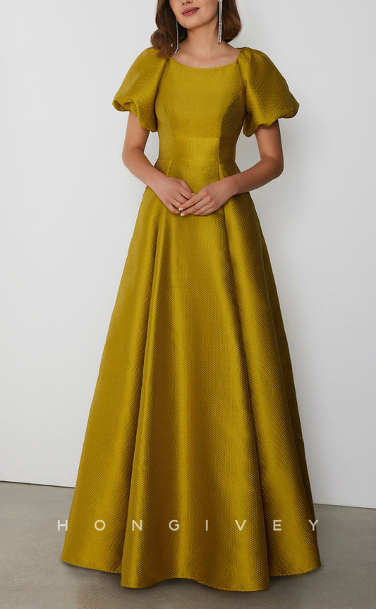 HM279 - Chic Satin A-Line Bateau Puff Sleeves Floor-Length Cocktail Dress