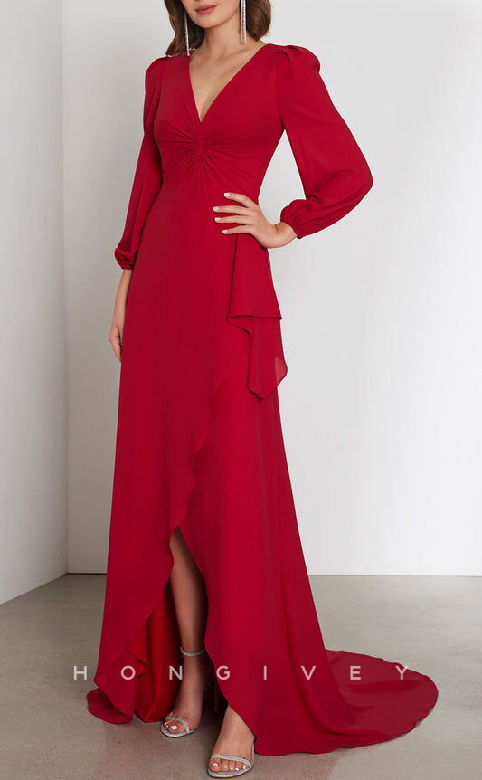 HM278 - Elegant & Luxurious V-Neck Long Sleeve Ruffled With Train Cocktail Evening Dress