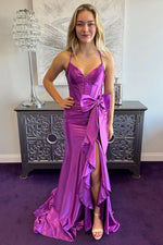 Lovely Pink Mermaid Lace Up Long Satin Prom Dress with Bowknot and Slit