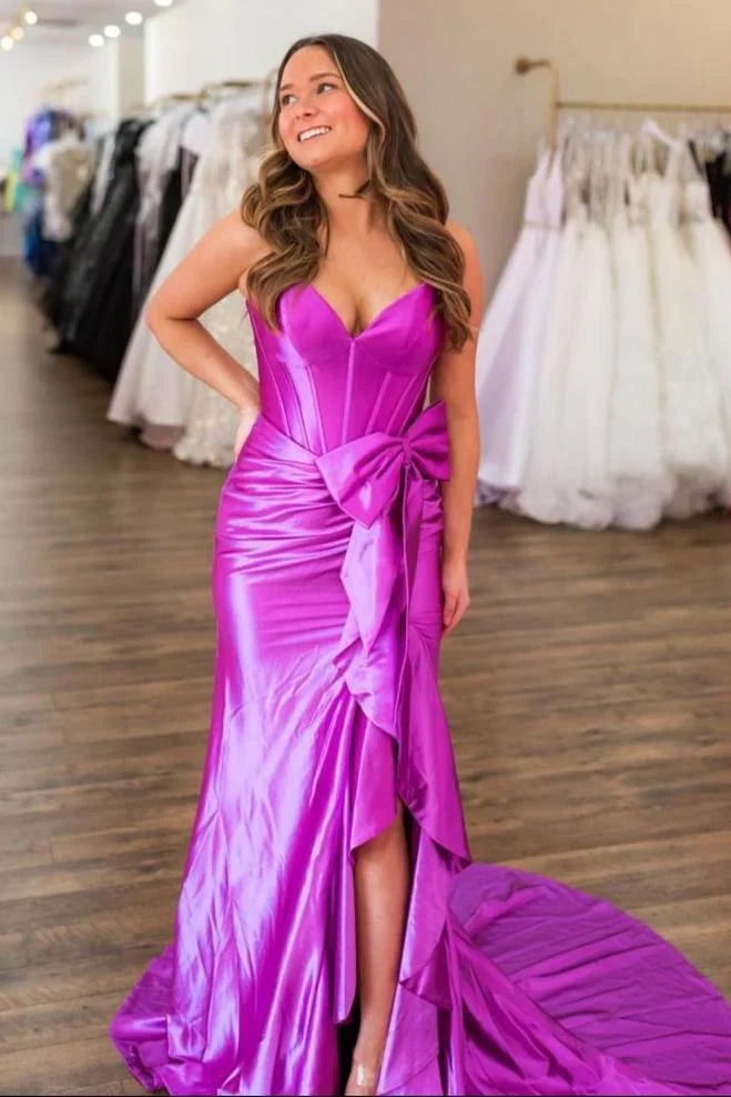 Lovely Pink Mermaid Lace Up Long Satin Prom Dress with Bowknot and Slit