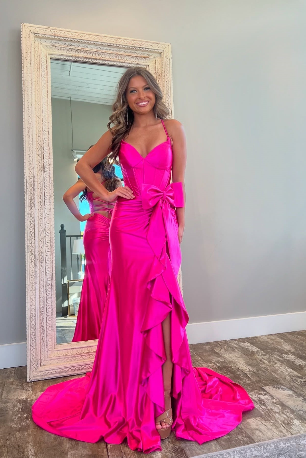 Lovely Pink Mermaid Lace Up Long Satin Prom Dress with Bowknot and Slit