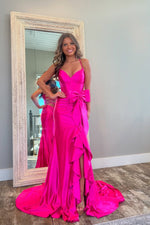 Lovely Pink Mermaid Lace Up Long Satin Prom Dress with Bowknot and Slit