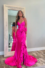 Lovely Pink Mermaid Lace Up Long Satin Prom Dress with Bowknot and Slit
