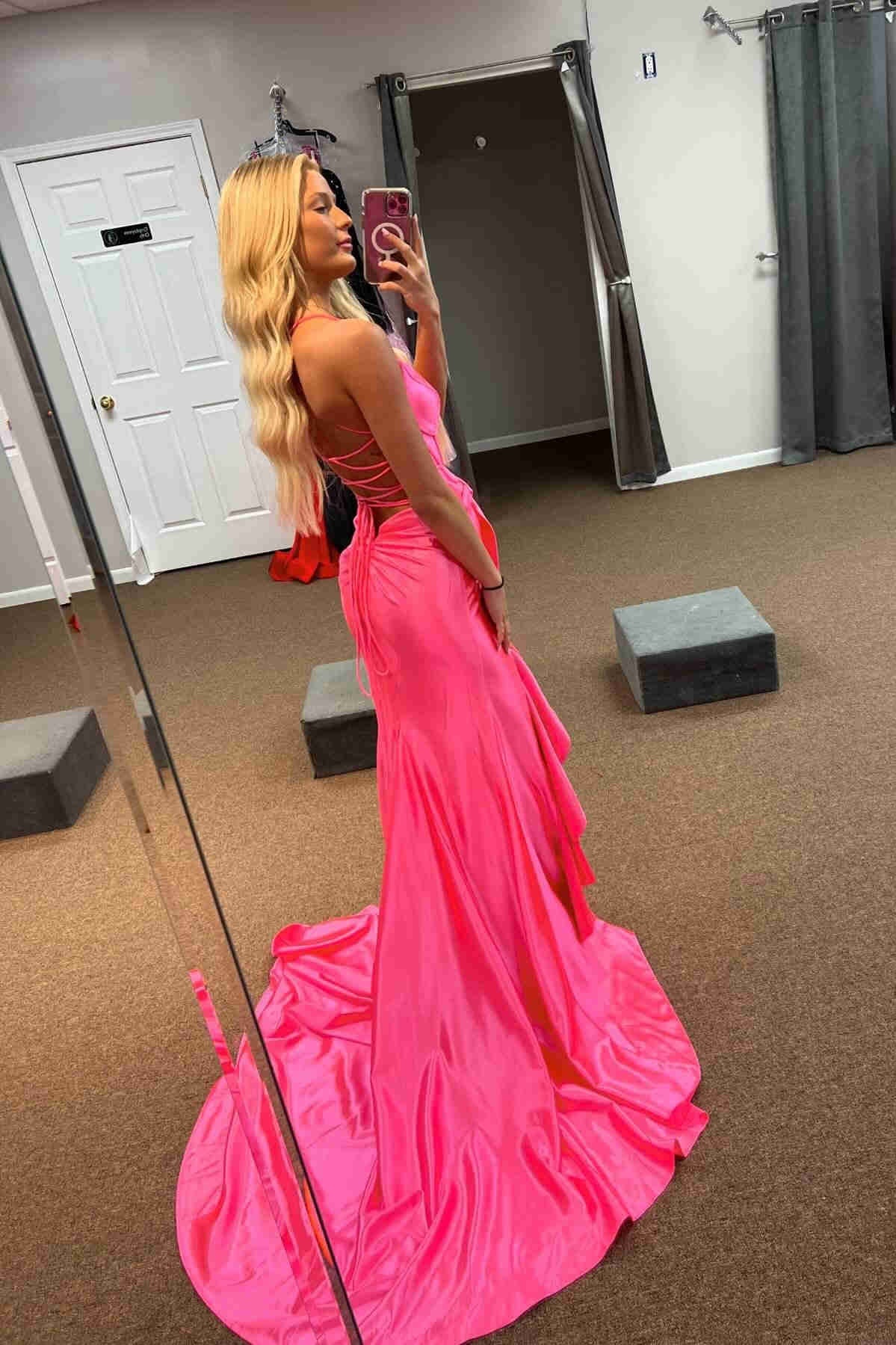 Lovely Pink Mermaid Lace Up Long Satin Prom Dress with Bowknot and Slit