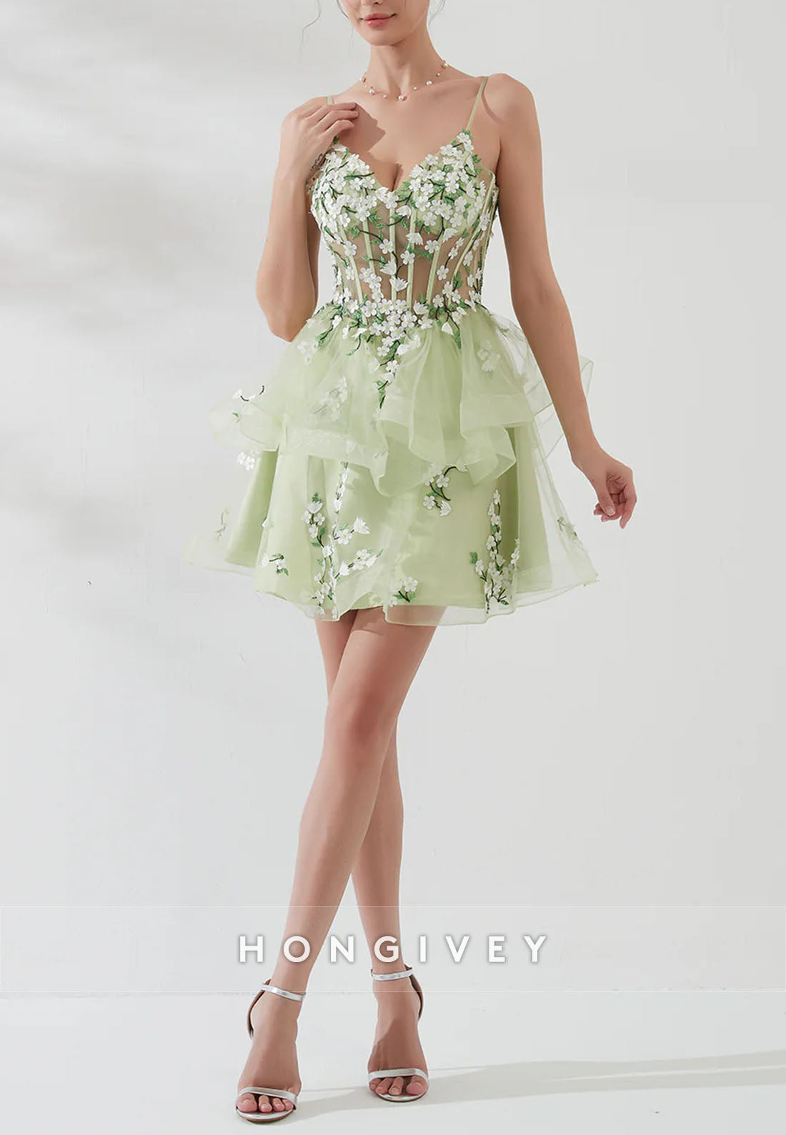 Mint Green Spaghetti Straps A-Line V-Neck Short Homecoming Dress with Appliques