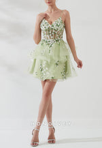 Mint Green Spaghetti Straps A-Line V-Neck Short Homecoming Dress with Appliques