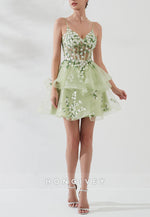 Mint Green Spaghetti Straps A-Line V-Neck Short Homecoming Dress with Appliques
