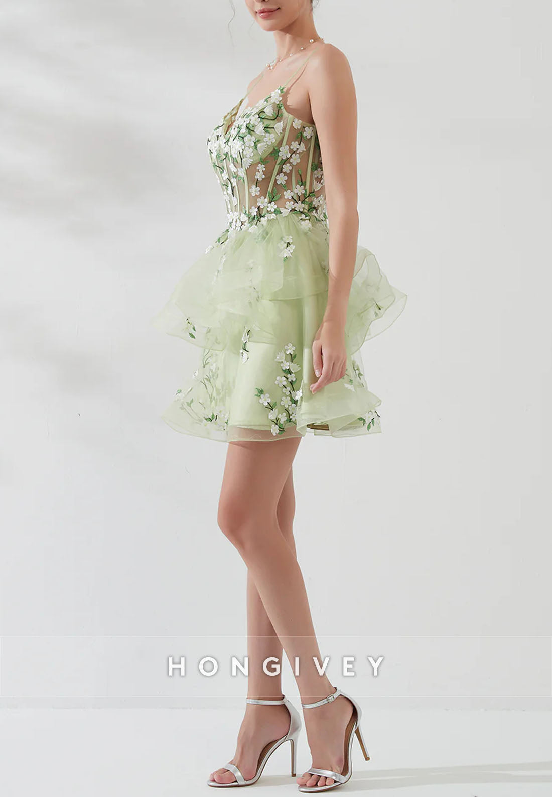 Mint Green Spaghetti Straps A-Line V-Neck Short Homecoming Dress with Appliques