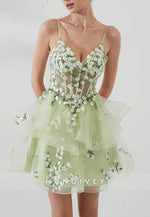 Mint Green Spaghetti Straps A-Line V-Neck Short Homecoming Dress with Appliques