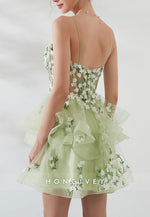 Mint Green Spaghetti Straps A-Line V-Neck Short Homecoming Dress with Appliques