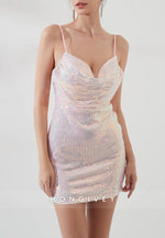 Sparkly Spaghetti Straps Open Back Sequined Sheath Mini Homecoming Dress