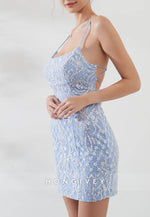 Spaghetti Straps Crisscross Back Sheath Mini Homecoming Dress with Beading