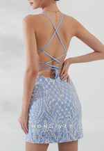 Spaghetti Straps Crisscross Back Sheath Mini Homecoming Dress with Beading
