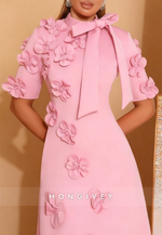 Pink A-Line High Neck Bowknot Half Sleeves Mother of the Bride Dress with 3D Flowers
