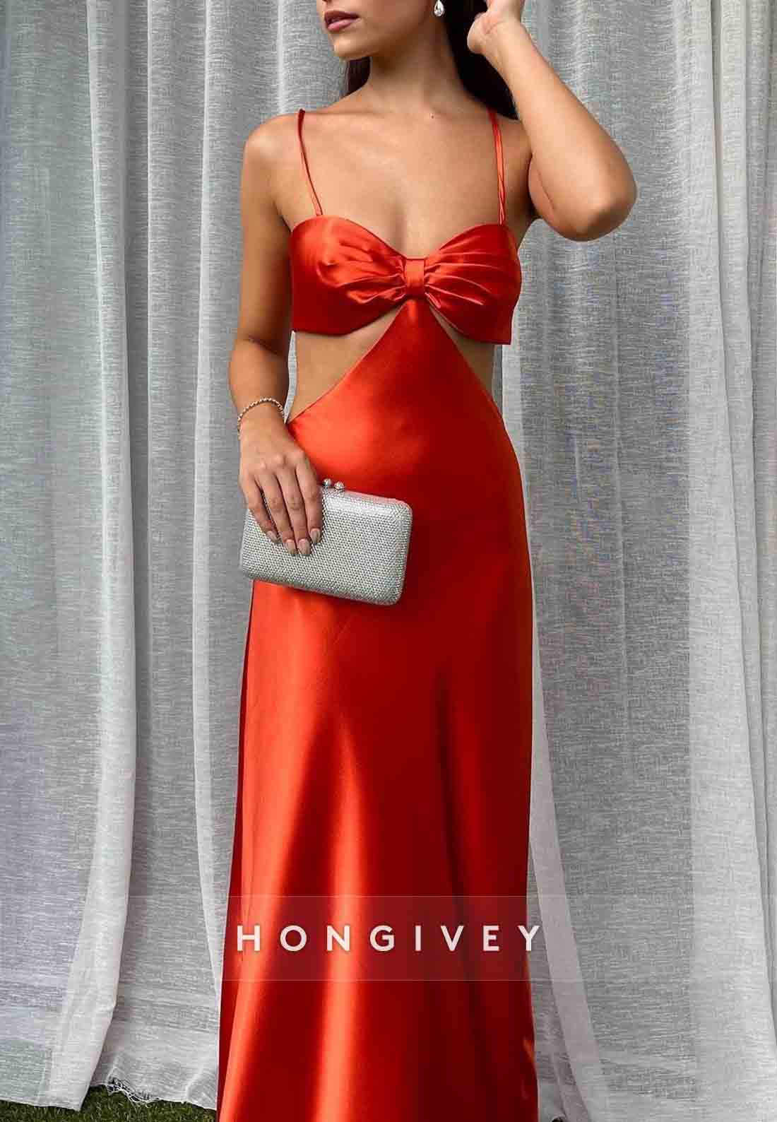 Stylish Turquoise Spaghetti Straps Waist Hollow Tie Back Long Satin Prom Dress