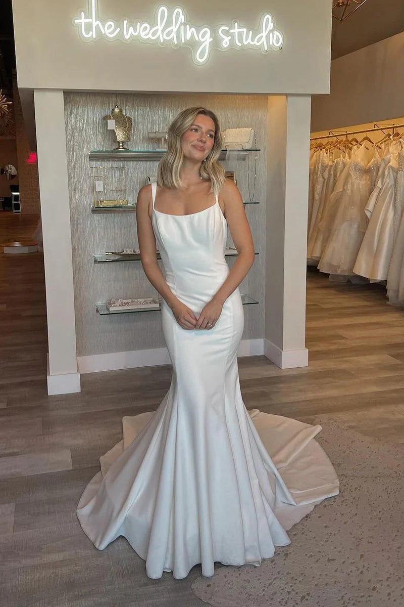 Elegant Mermaid Scoop Neck Satin Long Wedding Dresses