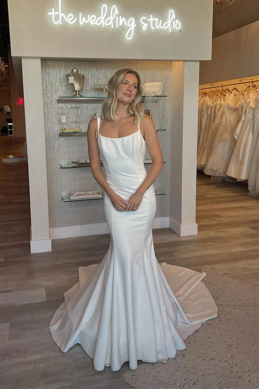 Elegant Mermaid Scoop Neck Satin Long Wedding Dresses