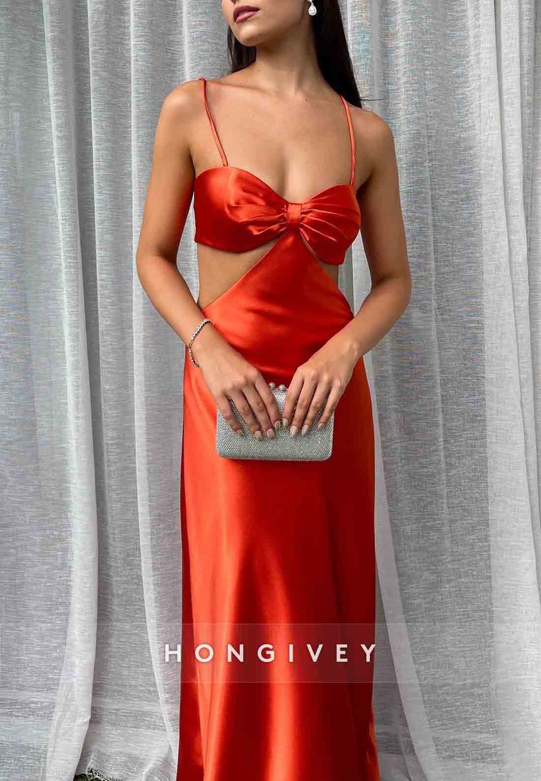 Stylish Turquoise Spaghetti Straps Waist Hollow Tie Back Long Satin Prom Dress