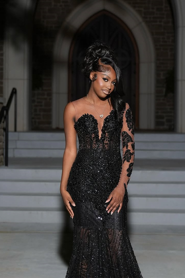 Modern Black Scoop One Shoulder Long Sleeve Prom Dress Mermaid Sequins With Beadings