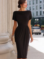 Draped Neckline Short-Sleeve Midi Dress