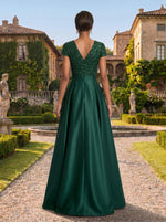 A Line V Neck Short Sleeve Sequined Elegant Mother of the Bride Dresses with Pleats