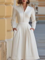 White Structured Zip-Front Pleated Midi Evening Dress