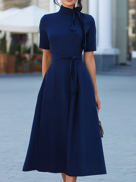 Navy Blue High Neck Tie Short Sleeve Belted Fit-and-Flare Midi Dress