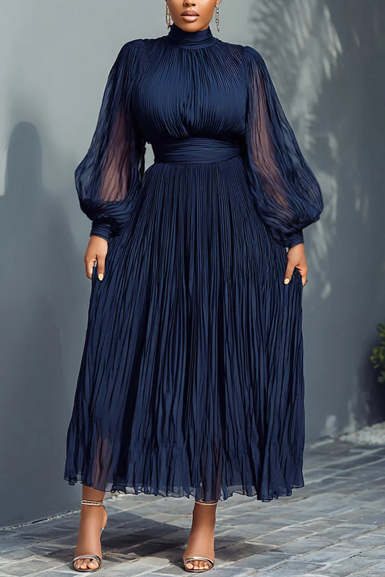 Plus Size Churchs Navy Blue Mock Neck Lantern Sleeve Long Sleeve See Through Elegant Ruffled Midi Dresses