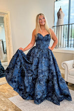 Gorgeous Ball Gown Sweetheart Navy Jacquard Satin Long Prom Dress