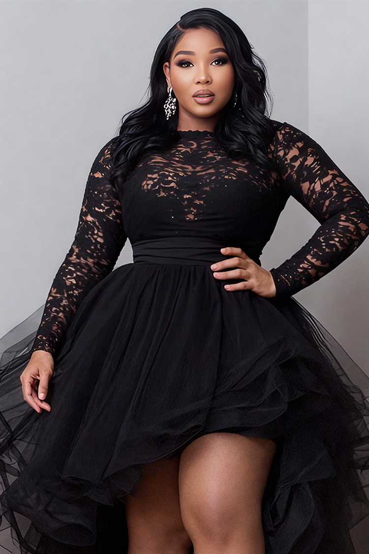 Plus Size Cocktail Party Black Round Neck Long Sleeve High Low Hem Elegant Ruffle Tulle Lace Mini Dresses