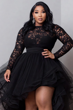 Plus Size Cocktail Party Black Round Neck Long Sleeve High Low Hem Elegant Ruffle Tulle Lace Mini Dresses