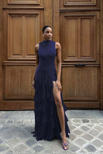 High Neck Sleeveless Long Mermaid Prom Dress With Split Ruffles