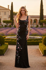 Black Floral Beaded Mesh Scoop Neck Sleeveless Gown