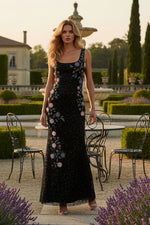 Black Floral Beaded Mesh Scoop Neck Sleeveless Gown