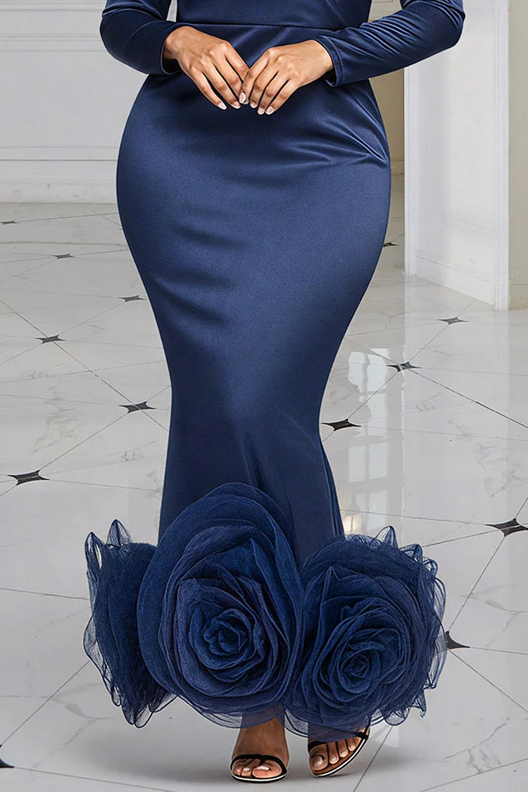 Plus Size Formal Navy Blue Round Neck Long Sleeve 3D Elegant Mermaid Satin Maxi Dresses