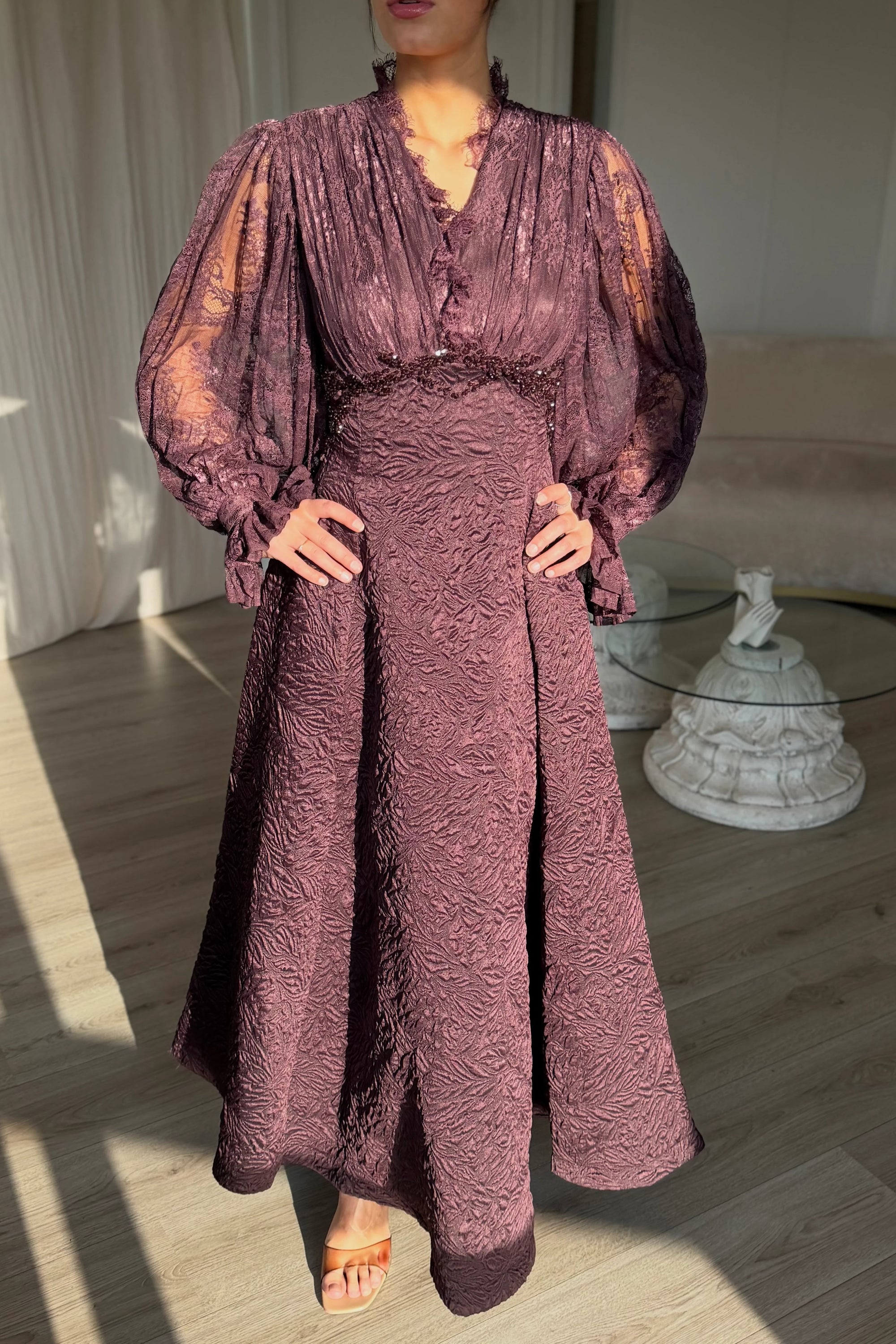 Lace V-Neck Putty Long Sleeve A-Line Ankle-Length Evening Dress