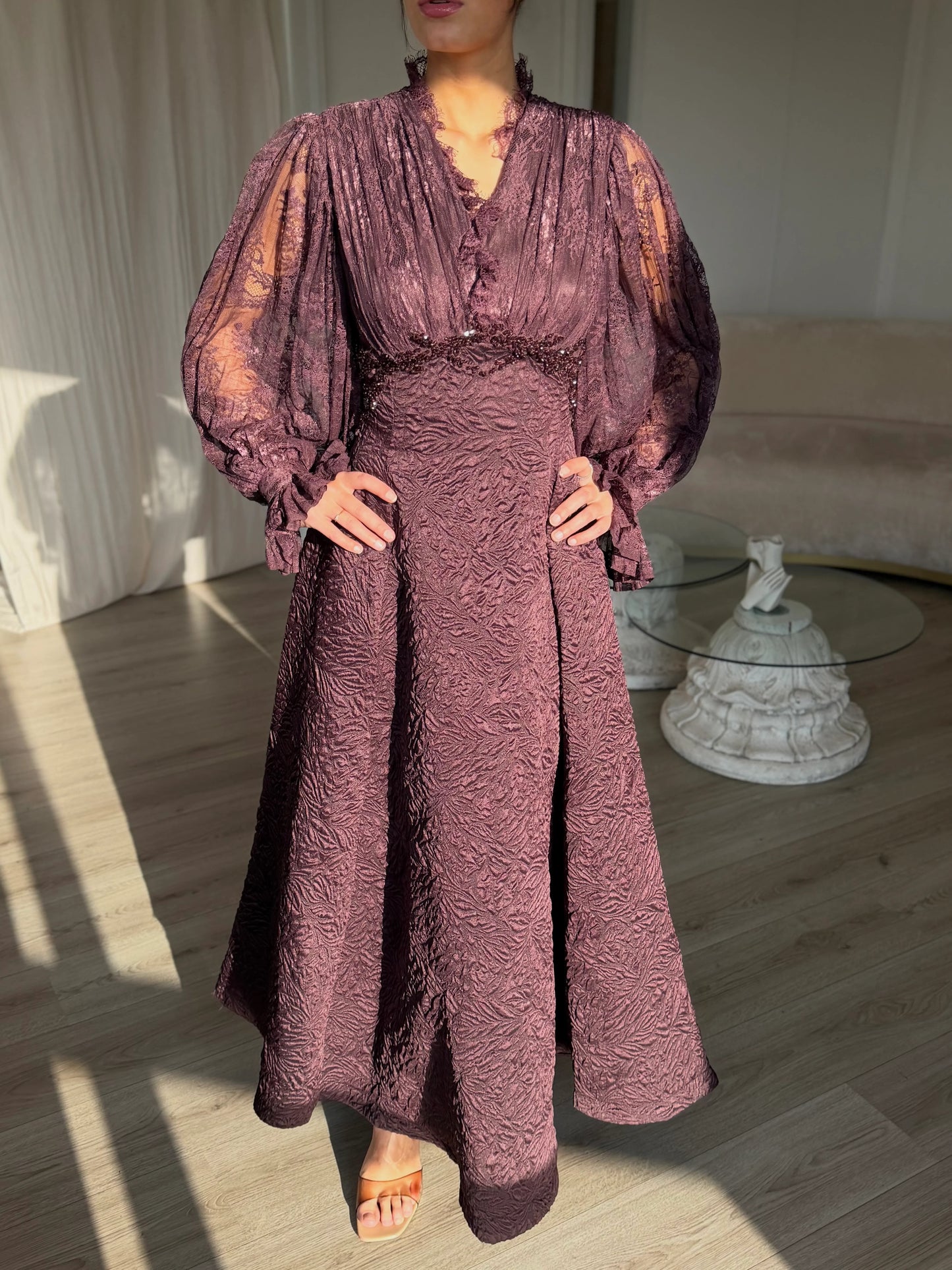 Lace V-Neck Putty Long Sleeve A-Line Ankle-Length Evening Dress