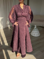 Lace V-Neck Putty Long Sleeve A-Line Ankle-Length Evening Dress