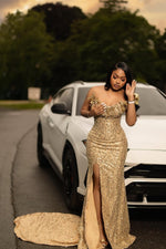 Modern Strapless Champagne Gold Prom Dress Mermaid Sequins Long With Split Crystals