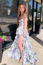 Cute A Line Sweetheart Lavender Floral Chiffon Tiered Prom Dress with Slit