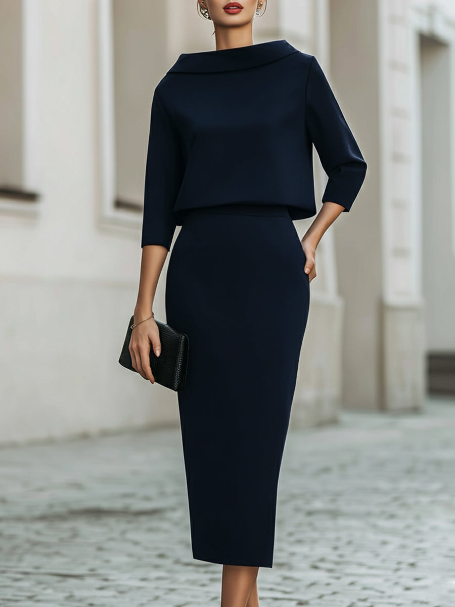 Boat Neck Long Sleeve Mermaid Tea-Length Wedding guest Dress