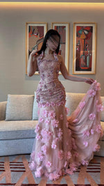 Exquisite Halter Sleeveless Backless Flowers Applique Mermaid Floor-Length Evening Dress