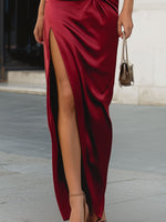 Mooyius Scarlet Halter Satin Ruched Maxi Evening Dress