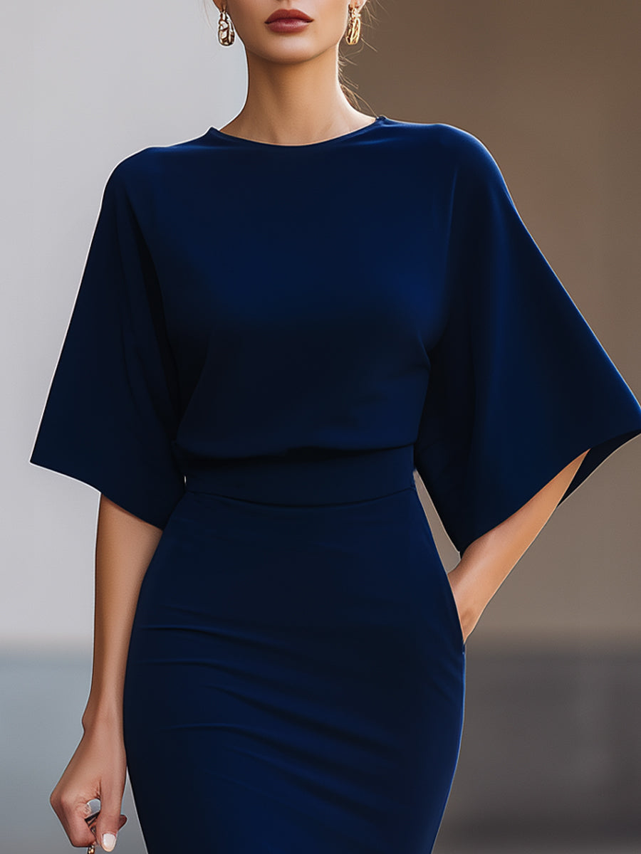 Minimalist Navy Batwing Sleeve Top Midi Skirt Two-Piece Set