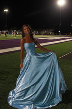 Gorgeous A Line Scoop Neck Light Blue Satin Long Prom Dress with Rhinestones VK25100705