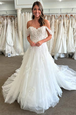 Charming A Line Off the Shoulder Tulle Wedding Dresses with Appliques